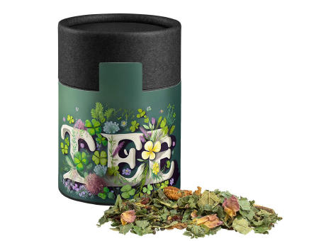 Product image Kräutertee Glücksgefühle, ca. 30g, Kraftpapierdose Midi schwarz Werbeartikel
