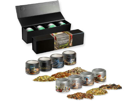 Verschiedene Weihnachts Gewürzmischungen, ca. 120-140g, Geschenk-Set Premium schwarz mit Magnetverschluss und 4 Metalldosen Mini mit Sichtfenster Werbeartikel