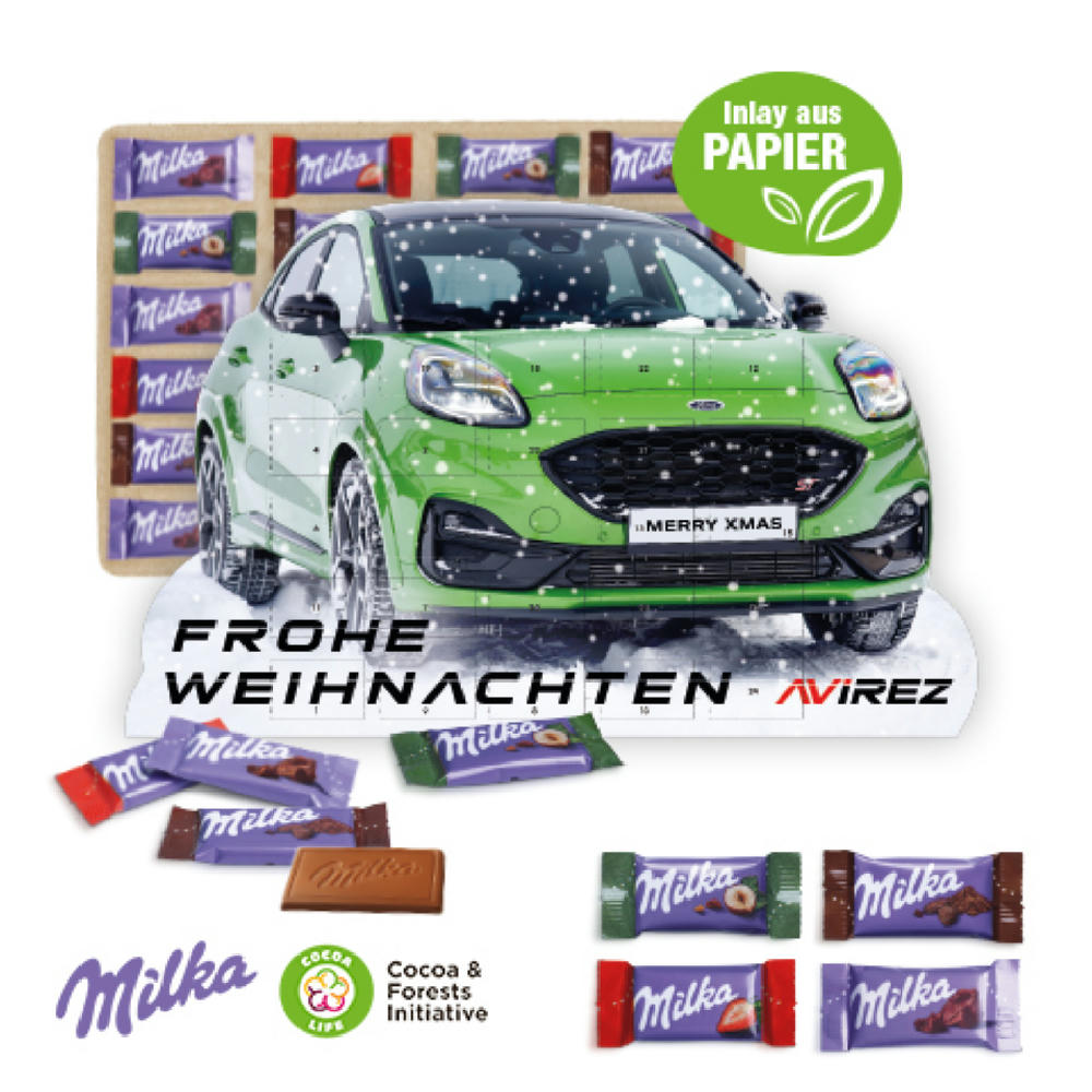 Adventskalender "individuelle Kalenderform" mit Milka Schokolade Werbeartikel