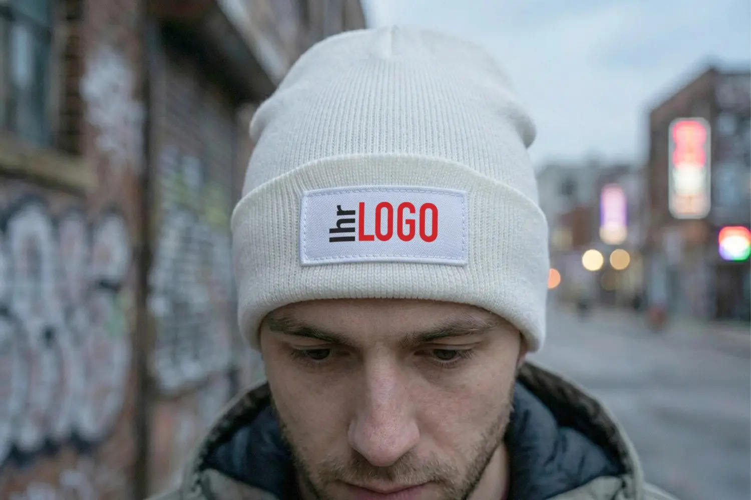 Mann trägt Boreas Beanie in Weiß – moderner Werbeartikel für Unternehmen, Winterpromotion und Branding