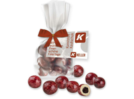Johannisbeeren in weißer Schokolade, ca. 30g, Express Flachbeutel Maxi mit Schleife mit Werbekarte bedrucken