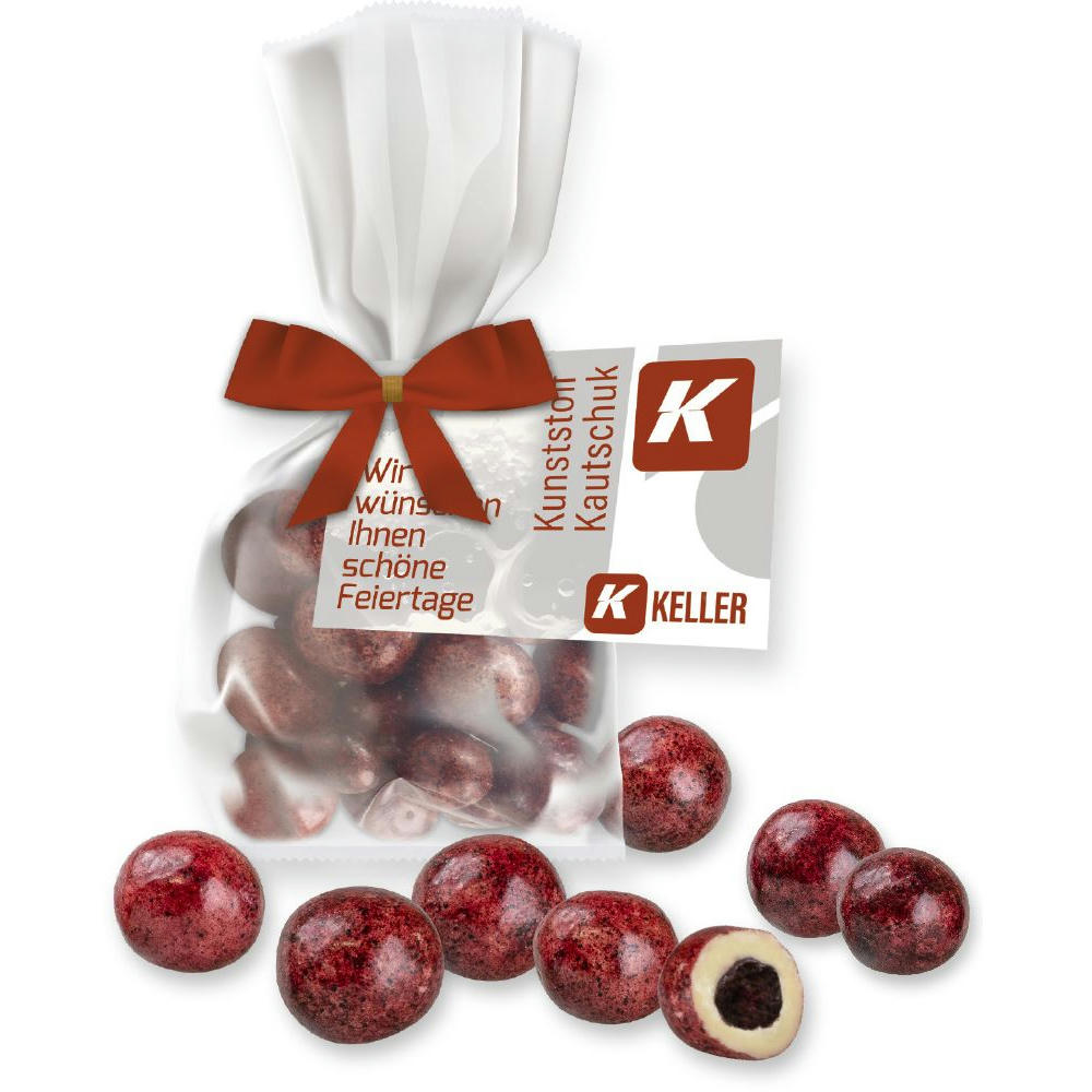 Product image Johannisbeeren in weißer Schokolade, ca. 30g, Express Flachbeutel Maxi mit Schleife mit Werbekarte Werbeartikel