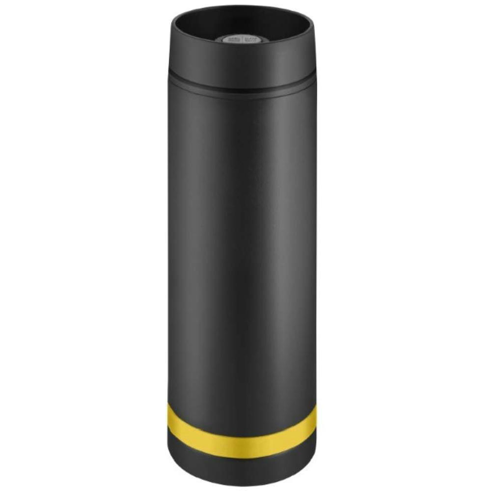 Product image Metmaxx® Thermobecher "Crema" 360° schwarz/Ring gelb Werbeartikel