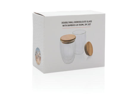 2-tlg Set Borosilikatgläser mit Bambusdeckel 350ml bedrucken