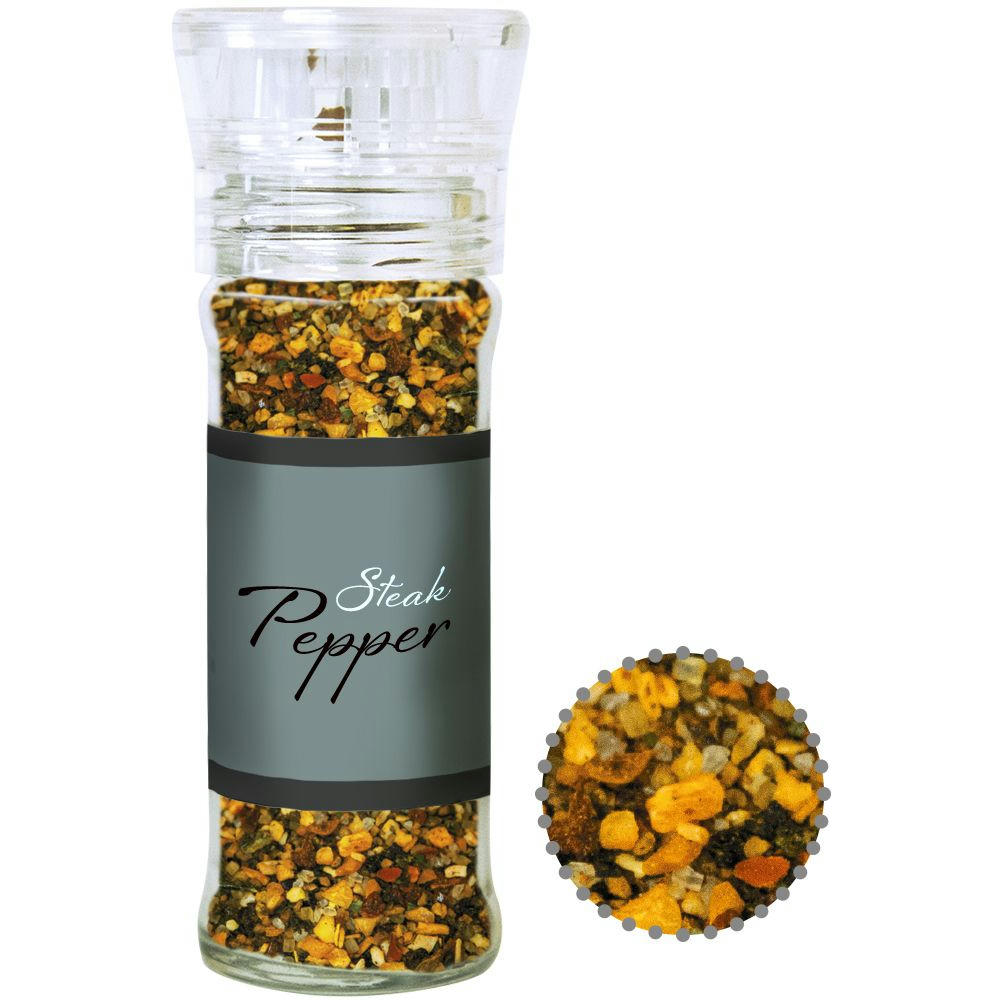 Product image Gewürzmischung Steak Pfeffer, ca. 55g, transparente Gewürzmühle Werbeartikel