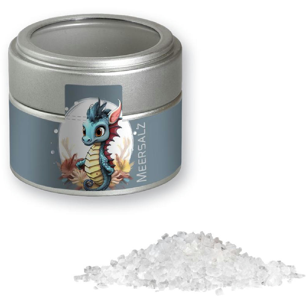 Meersalz, ca. 110g, Metalldose Mini mit Sichtfenster silber Werbeartikel