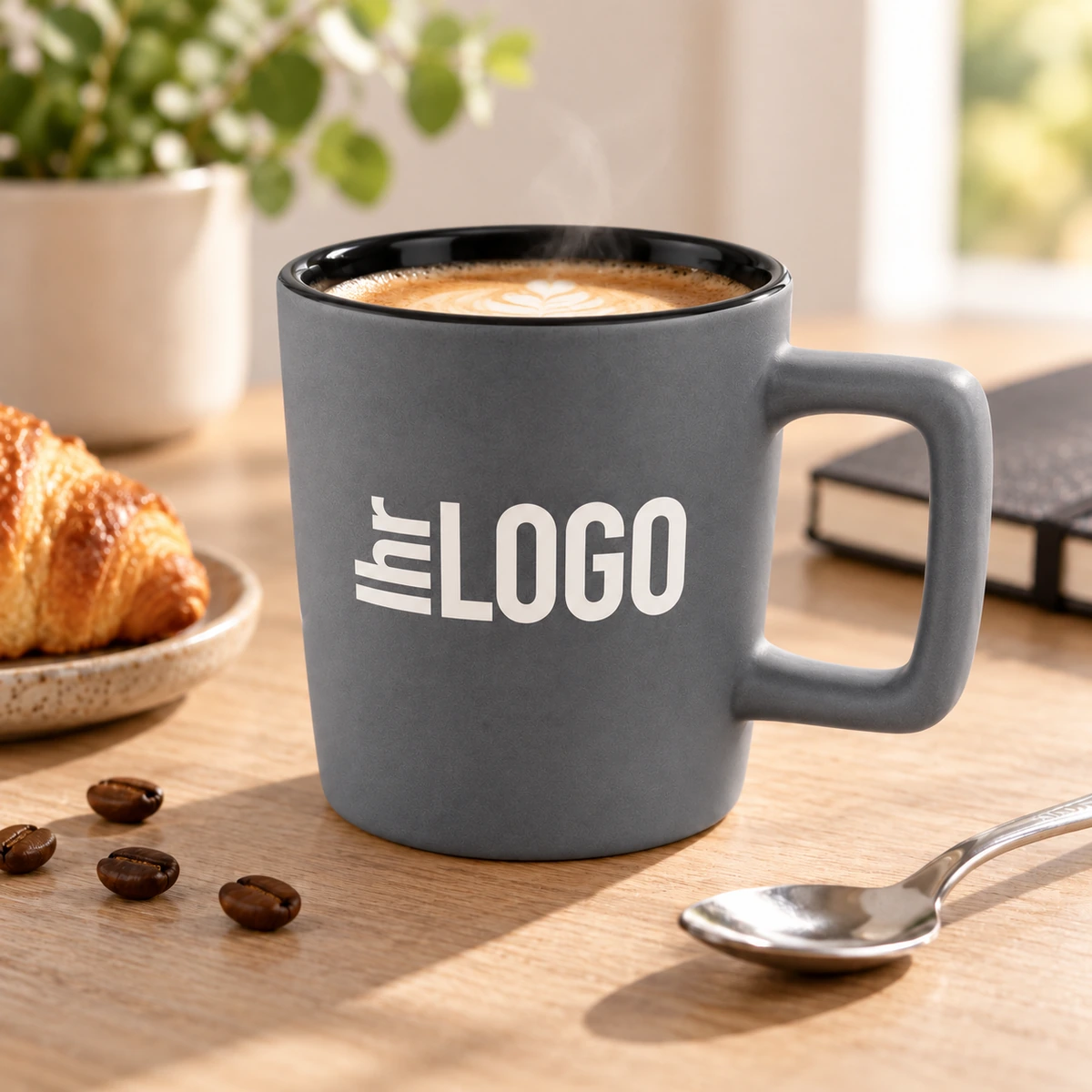 Cali 370 ml Keramiktasse mit matter Oberfläche Cali 370 ml Keramiktasse in Grau matt mit schwarzem Innenbereich und „Ihr Logo“ in einer warmen Kaffeeszene als Werbeartikel.