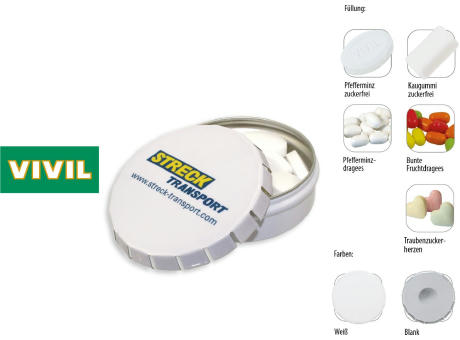 Klick-Dose-75, blank 45 g, Inhalt: Kaugummi Dragees zuckerfrei (Dose) Werbeartikel