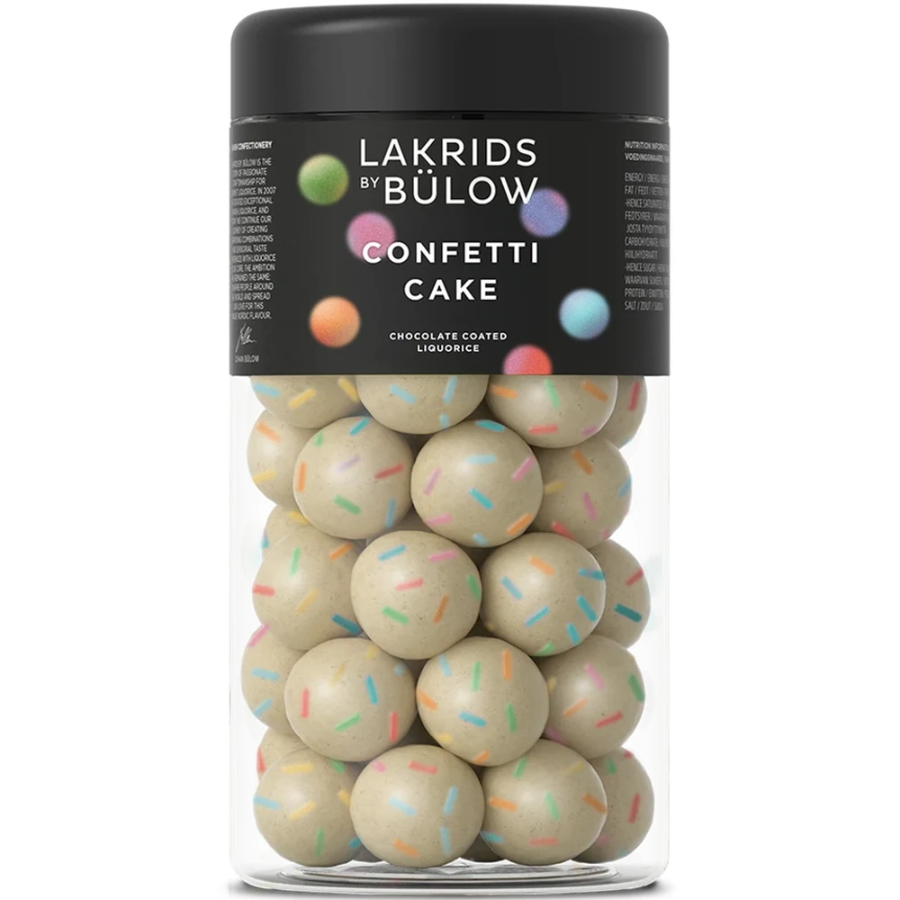 Lakrids by Bülow Confetti Cake Regular-Dose 270 g mit bunten Streuseln – Schokolade mit Lakritz