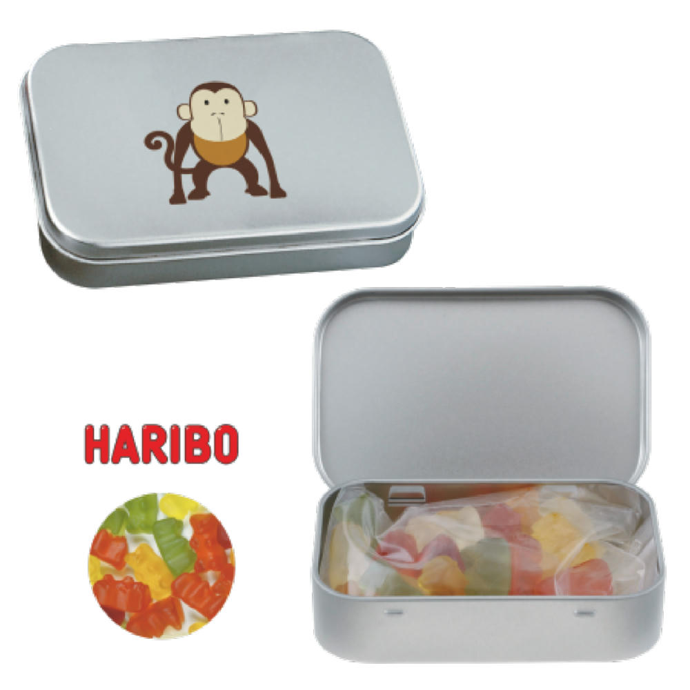 Product image Blechdose mit Scharnier mit ca. 60 gr. Haribo Goldbärchen Werbeartikel