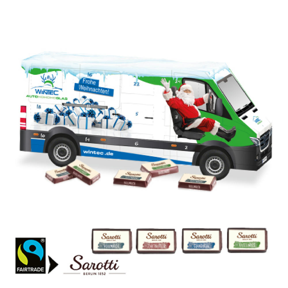 3D Adventskalender "Transporter" mit Sarotti Fairtrade® Werbeartikel