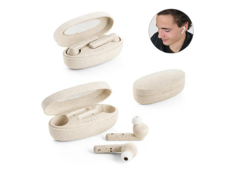FOURIER. In-Ear Kopfhörer wireless mit 3 Stunden Akkulaufzeit aus Weizenstrohfaser und PP Werbeartikel