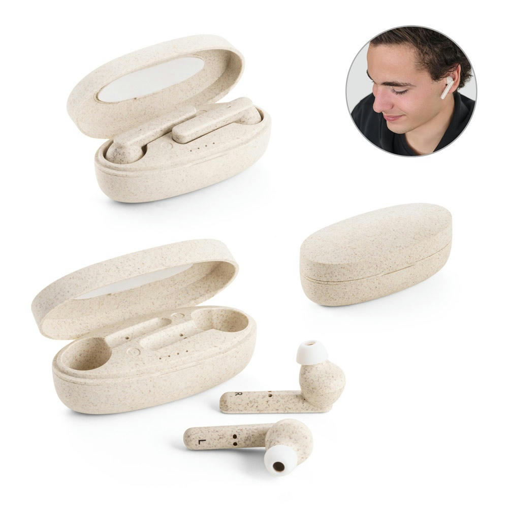 Product image FOURIER. In-Ear Kopfhörer wireless mit 3 Stunden Akkulaufzeit aus Weizenstrohfaser und PP Werbeartikel