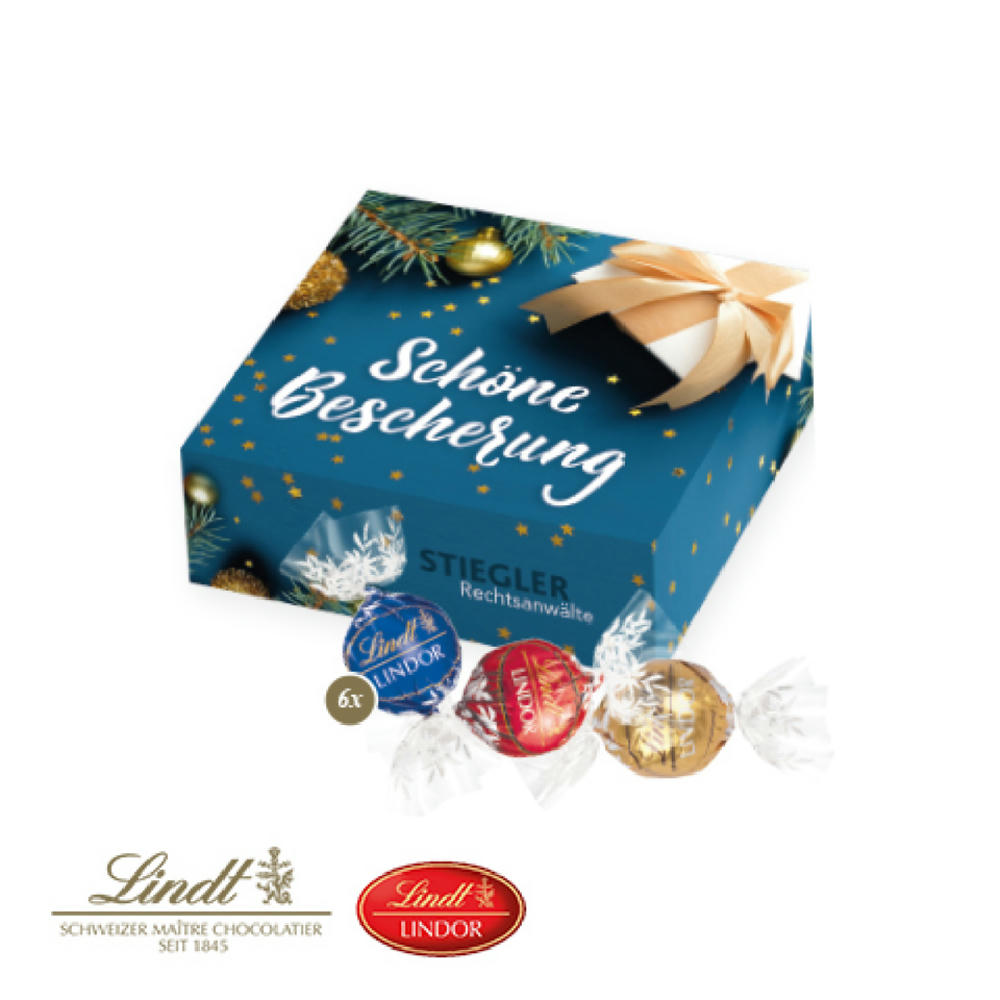 Product image Lindt Lindor Präsent 6er quadratische Werbekartonage bedruckt mit Motiv Schöne Bescherung gefüllt mit 6 zartschmelzenden Lindor Pralinés aus FSC®-zertifiziertem Karton als hochwertiges B2B Weihnachtsgeschenk