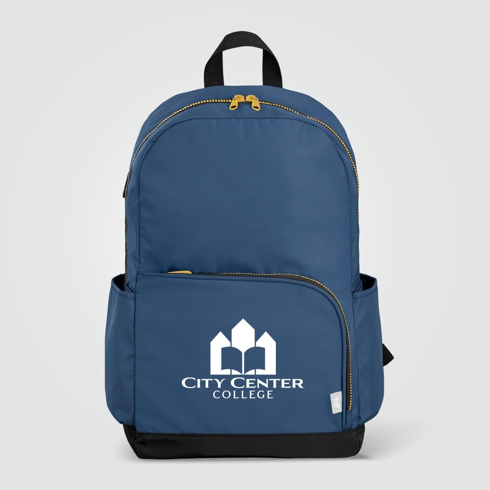 Kora Laptop-Rucksack mit zwei Fächern und goldfarbenem Reißverschluss für 15-Zoll-Laptops aus rPET – 20 L Werbeartikel