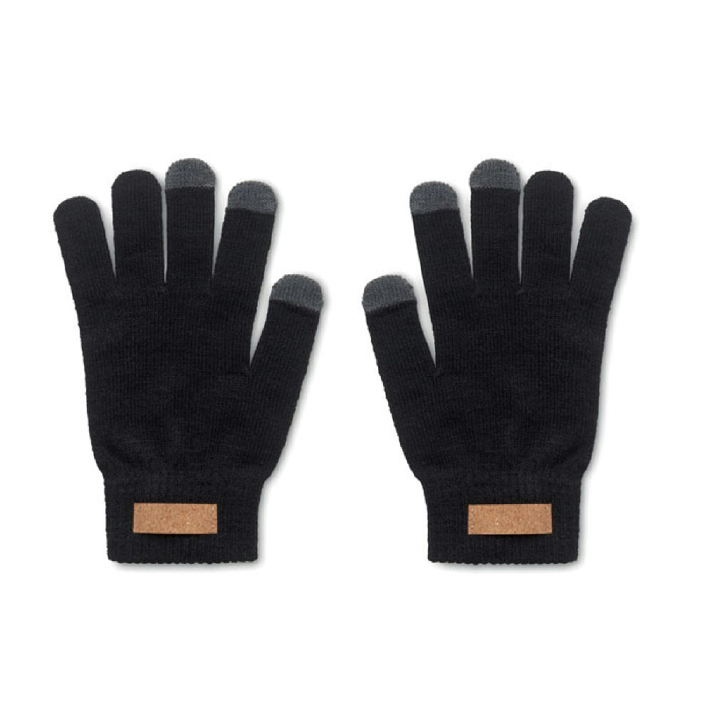 Product image Schwarze Touchscreen-Handschuhe mit grauen Fingerspitzen und Kork-Label – Handschuhe mit Logo