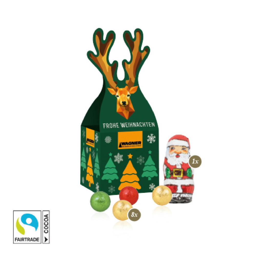 3D Präsent "Rentier" mit Fairtrade® Schokolade Werbeartikel