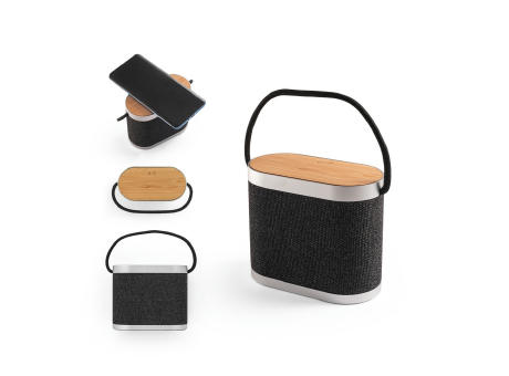 GUETTA. Tragbarer 5W-Lautsprecher mit superschnellem kabellosem 15W-Ladegerät und 2h Akkulaufzeit aus Bambus und Recyceltes PET (100% rPET) Werbeartikel