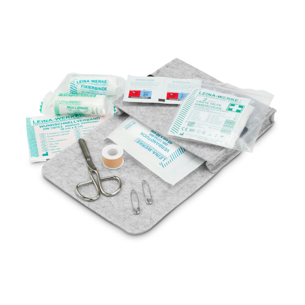 First Aid Kit in grauer Filztasche - Erste Hilfe Set, 12-teilig, deutsche Markenware Werbeartikel