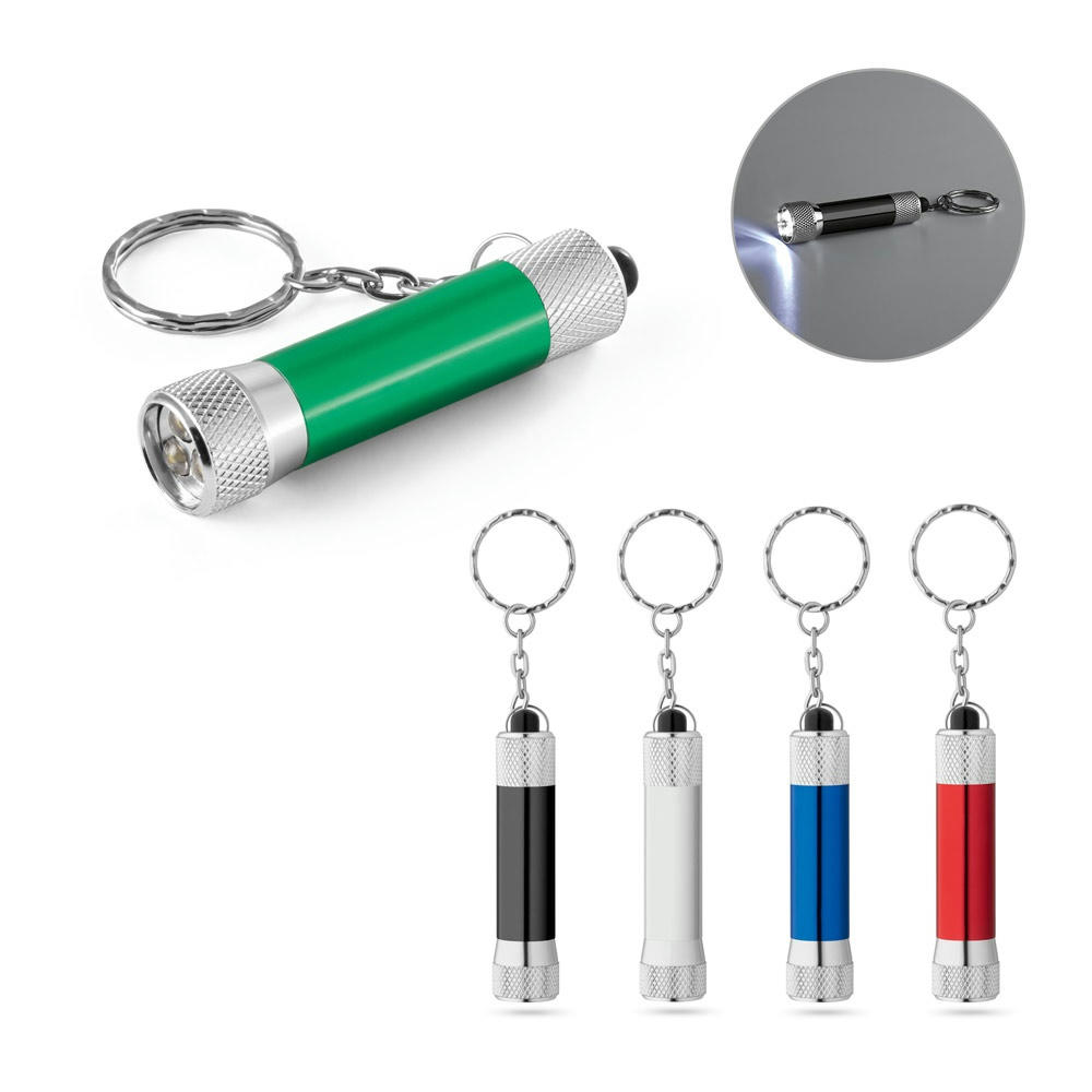 Product image RE-LERGAN. Schlüsselanhänger aus Aluminium (92% recycelt) mit 3-Licht-LED-Taschenlampe Werbeartikel