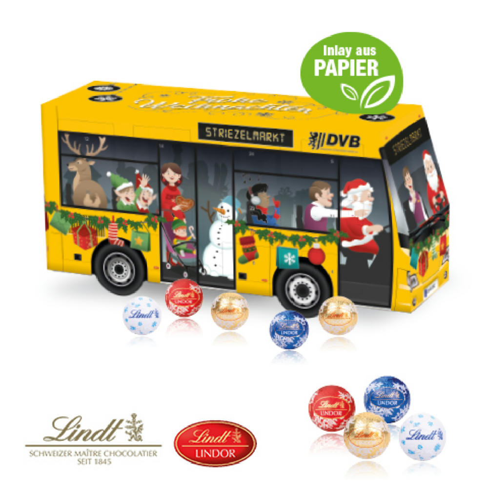 3D Adventskalender "Bus" mit Lindt Schokolade mit Papier-Inlay Werbeartikel