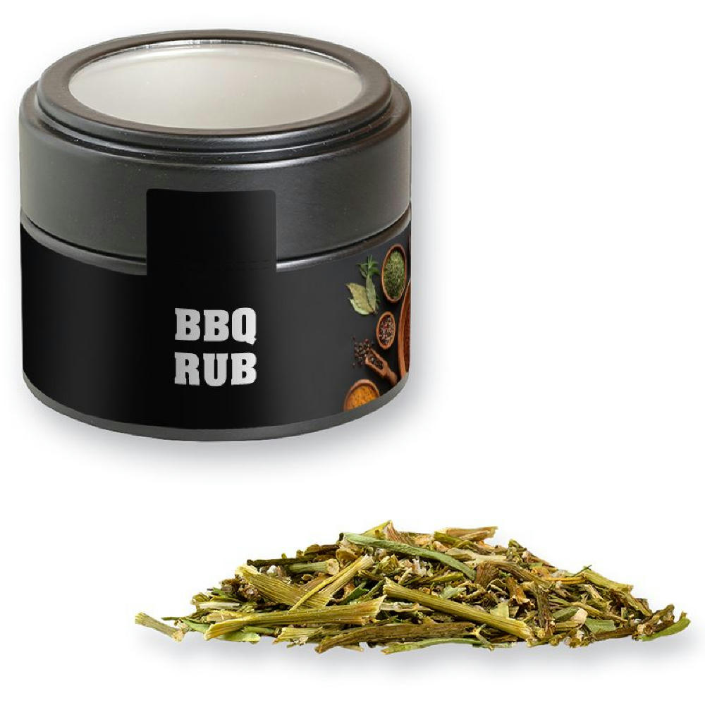 Gewürzmischung BBQ Kräuter Rub, ca. 40g, Metalldose Mini mit Sichtfenster schwarz Werbeartikel