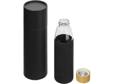 Hitzebeständige Glas-Trinkflasche 0,5 l mit Bambusdeckel, Silikonmanschette und Geschenkbox bedrucken