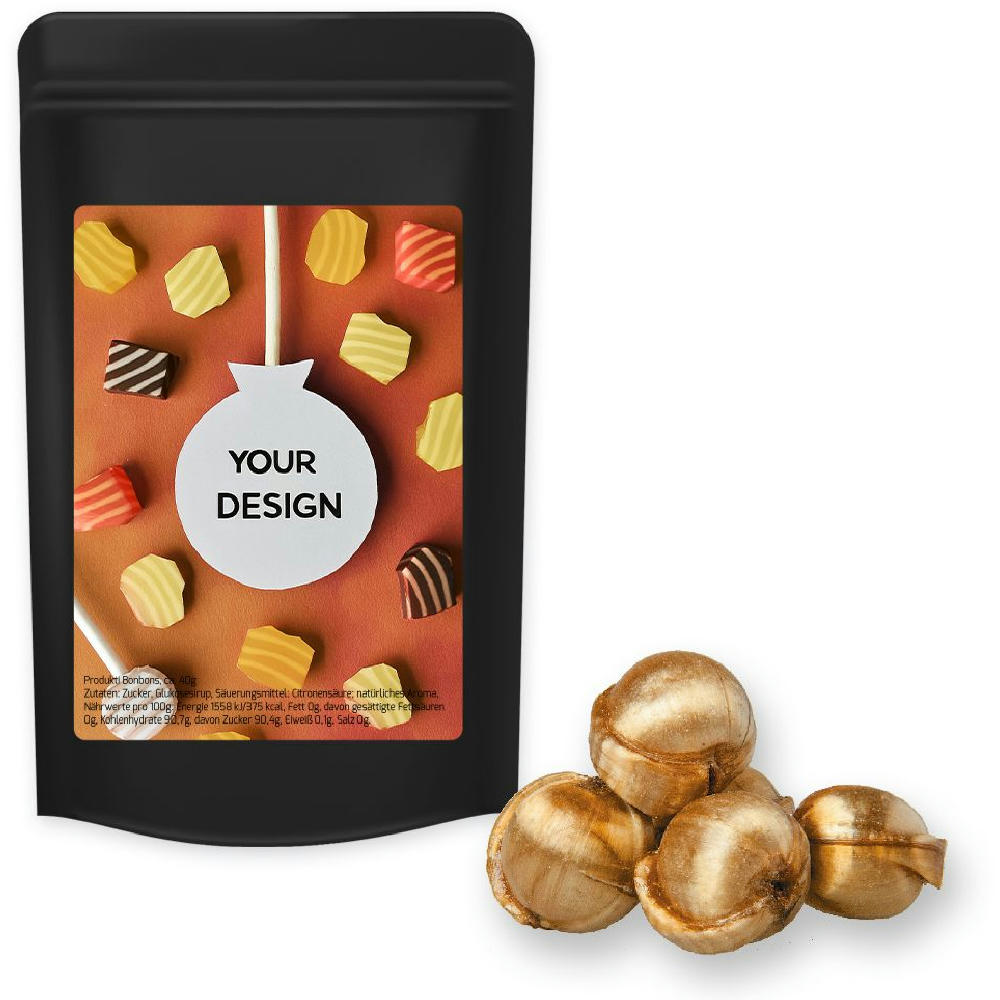 Product image Goldnüsse Bonbons, ca. 80g, Standbeutel Midi schwarz Werbeartikel
