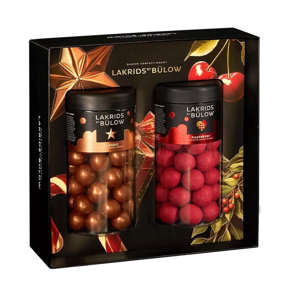 Lakrids by Bülow Black Box mit kupfernen und roten Kugeln in zwei Regular-Dosen – Lakritz Geschenkbox