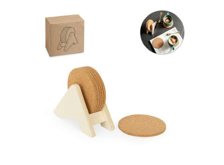 PLYCORK. Sperrholzständer mit 6 Korkuntersetzern Werbeartikel