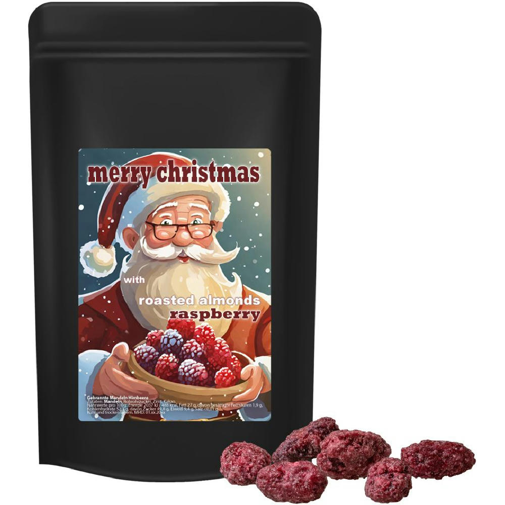 Product image Gebrannte Mandeln Himbeere, ca. 80g, Standbeutel Midi schwarz Werbeartikel