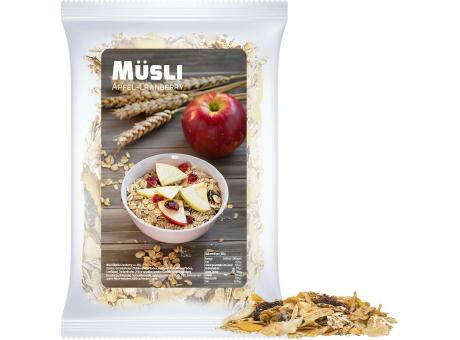 Müsli Apfel-Cranberry, ca. 60g, Express Maxi-Tüte mit Etikett Werbeartikel