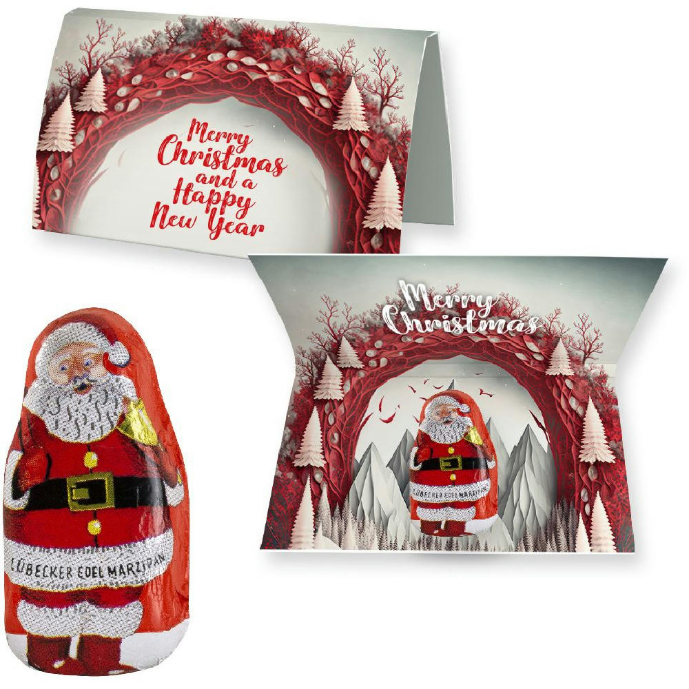Product image Lübecker Marzipan Weihnachtsmänner, ca. 12g, Werbekarte gefaltet Werbeartikel