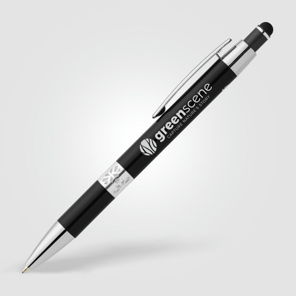 Adorn Kugelschreiber mit Chromverzierung und Stylus aus recyceltem Aluminium  Werbeartikel