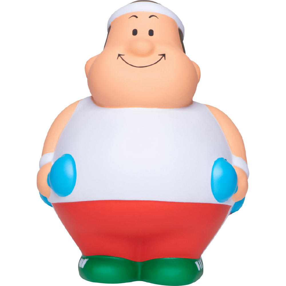 Body Bert in Tanktop und Shorts mit Schweißbändern und Hanteln – Anti-Stress-Figur mit Logo für Fitnessstudios