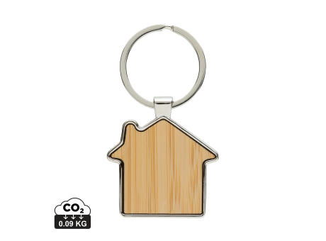 Schlüsselring Haus aus RCS rec. Zinklegierung mit Bambus Werbeartikel