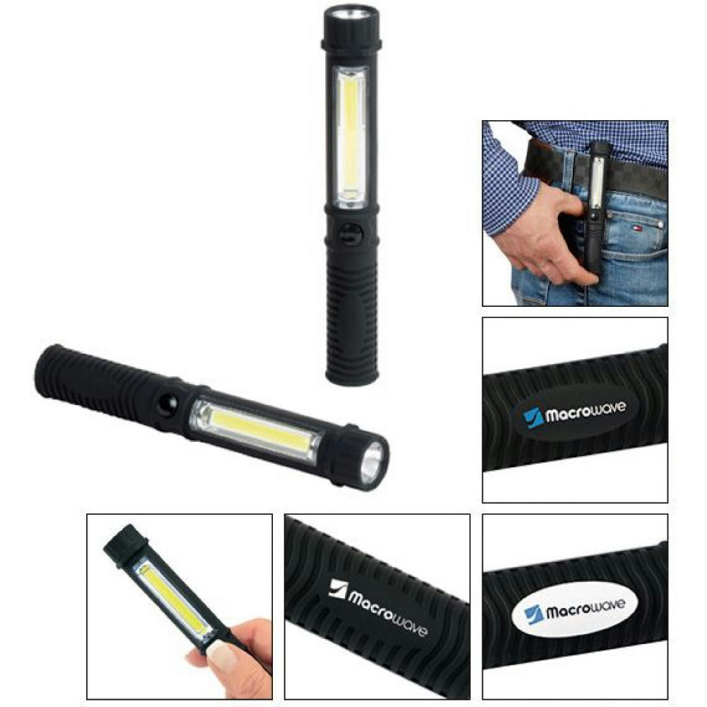 LED Leuchte Pen Light in Schwarz mit COB-Licht, am Gürtel und in der Hand – Arbeitsleuchte als Werbeartikel