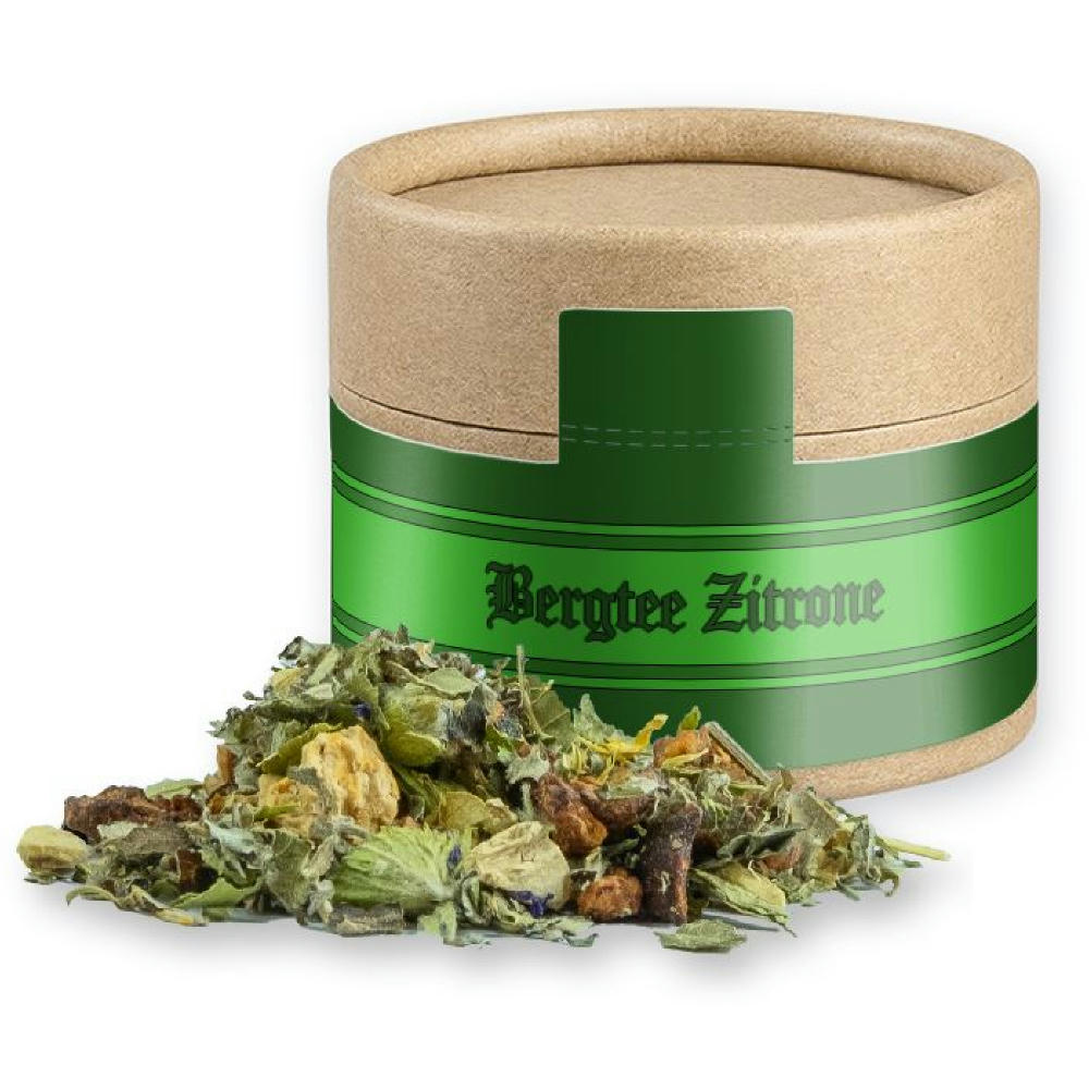 Kräutertee Bergtee & Zitrus, ca. 15g, Kraftpapierdose Mini Werbeartikel