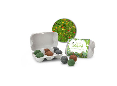 Geschenkartikel: Bienenweide im Eierkarton mit 6 Samenbomben; Auf eine blühende Zusammenarbeit Werbeartikel