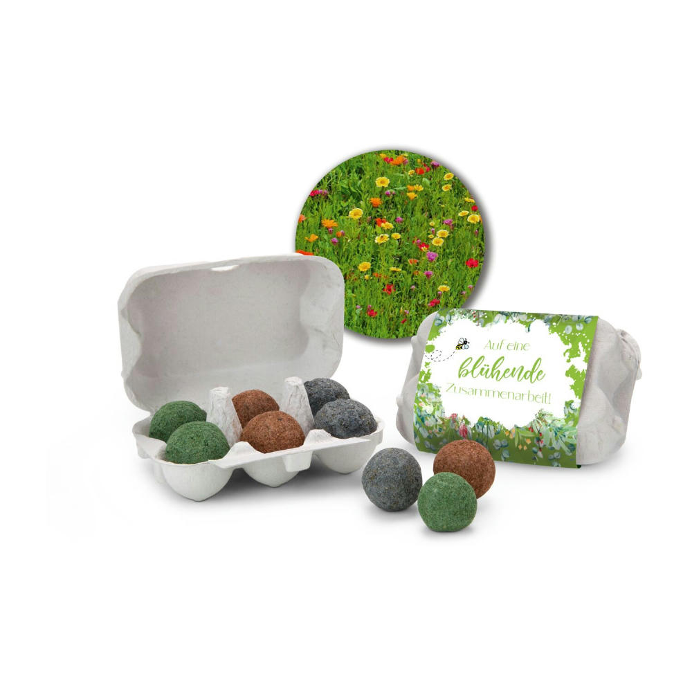 Product image Geschenkartikel: Bienenweide im Eierkarton mit 6 Samenbomben; Auf eine blühende Zusammenarbeit Werbeartikel
