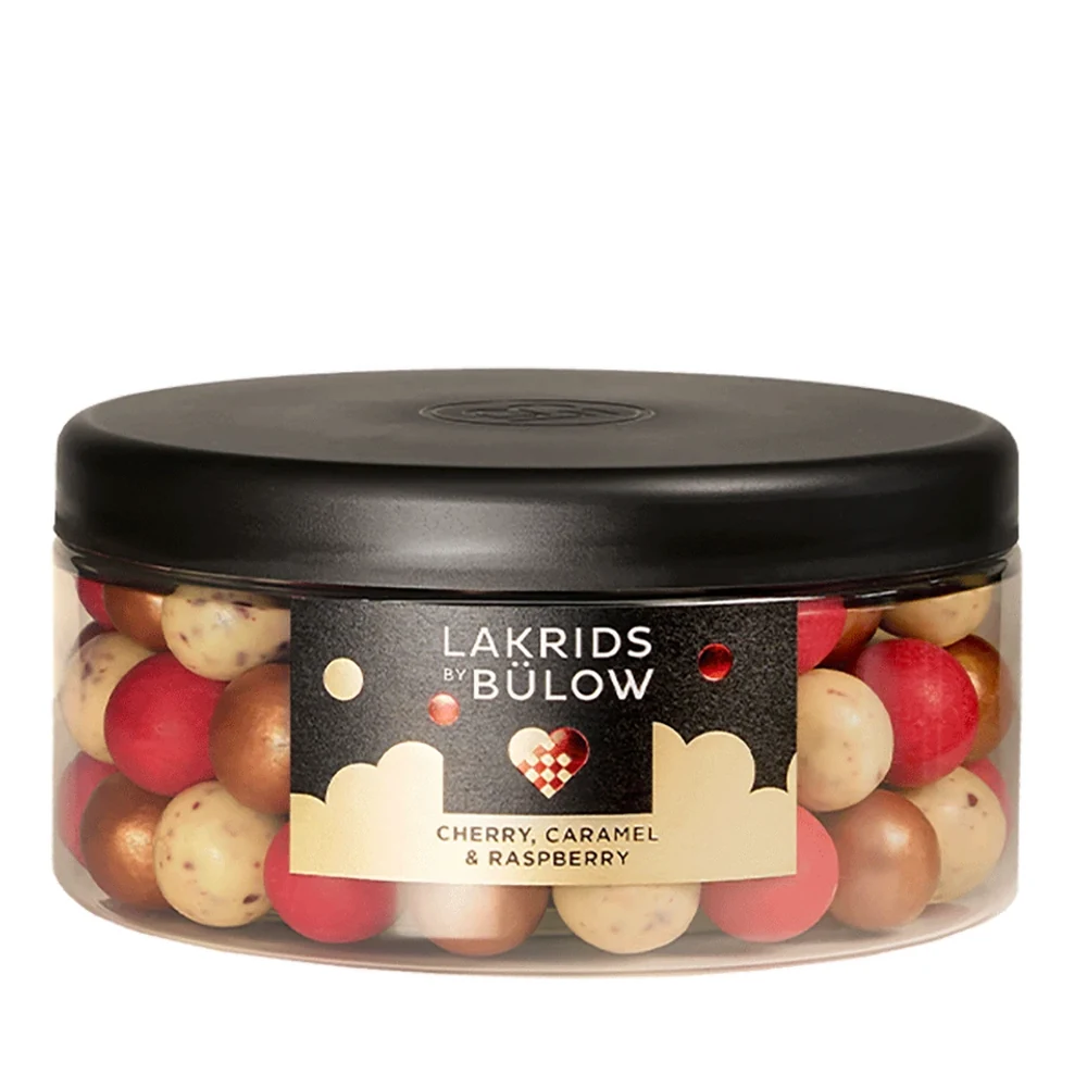 Schoko-Lakritz Mixed Winter Large Lakrids by Bülow, 515 g Lakrids by Bülow Mixed Winter Large-Dose mit roten, kupfernen und weißen Kugeln – Schokolade mit Lakritz