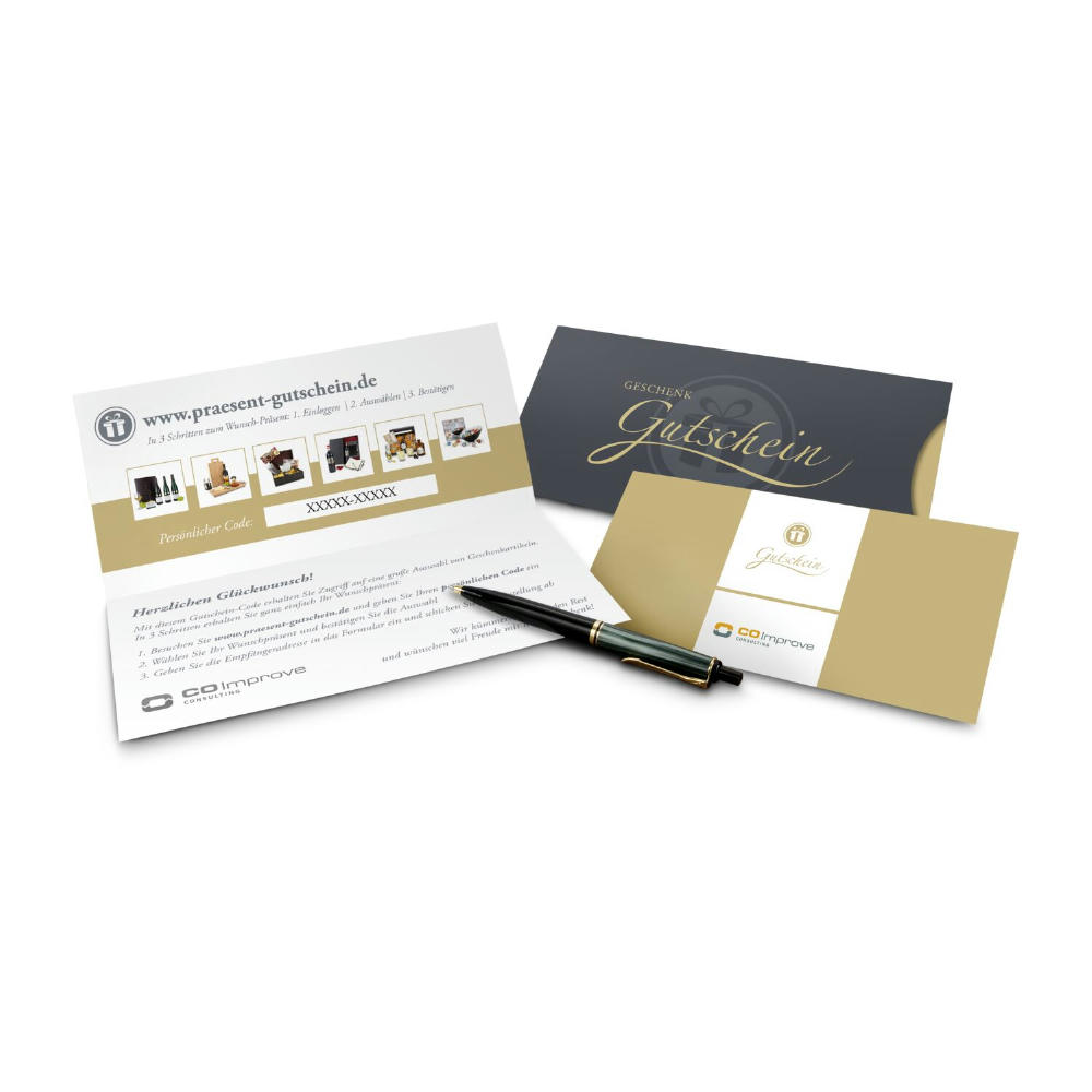 Geschenkgutschein Gold, Kategorie 35 €, große Auswahl an Präsenten, Lifestyle- und Wellnessprodukten Werbeartikel