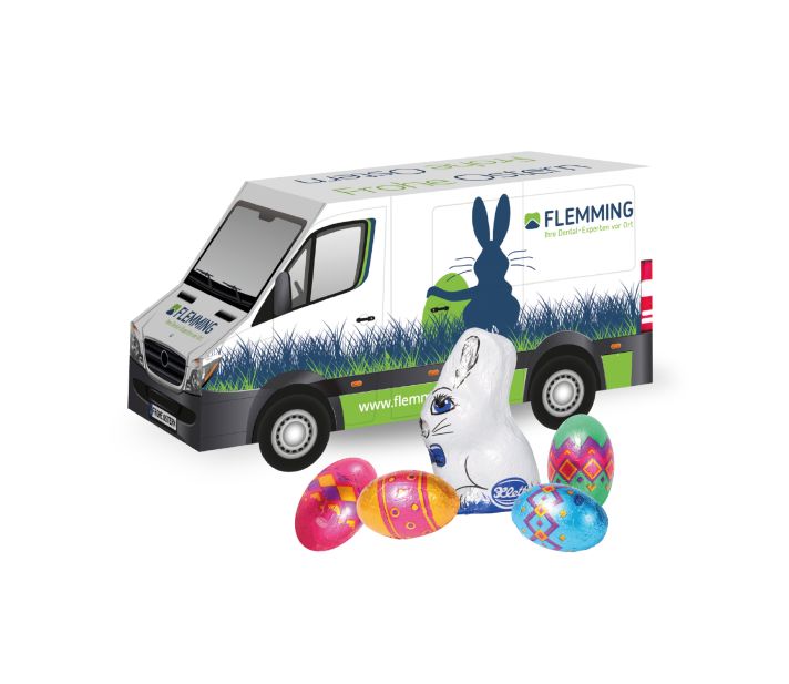 3D Präsent "Transporter" Ostern mit Klett Schokoladenmischung 3D Präsent "Transporter" Ostern mit Klett Schokoladenmischung
