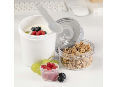 PAUSE! Der Müslibecher mit Cerealienfach für einen gesunden Start in den Tag! Werbeartikel