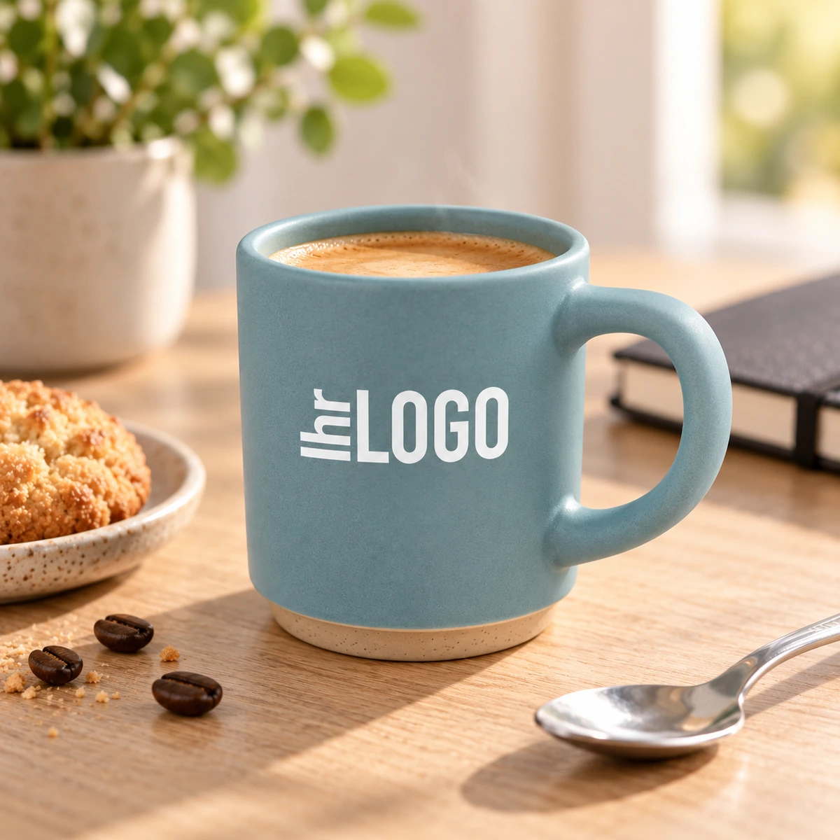 Camilla 180 ml Keramikbecher in Riffblau matt mit „Ihr Logo“ in einer gemütlichen Kaffeeszene als moderner Werbeartikel.