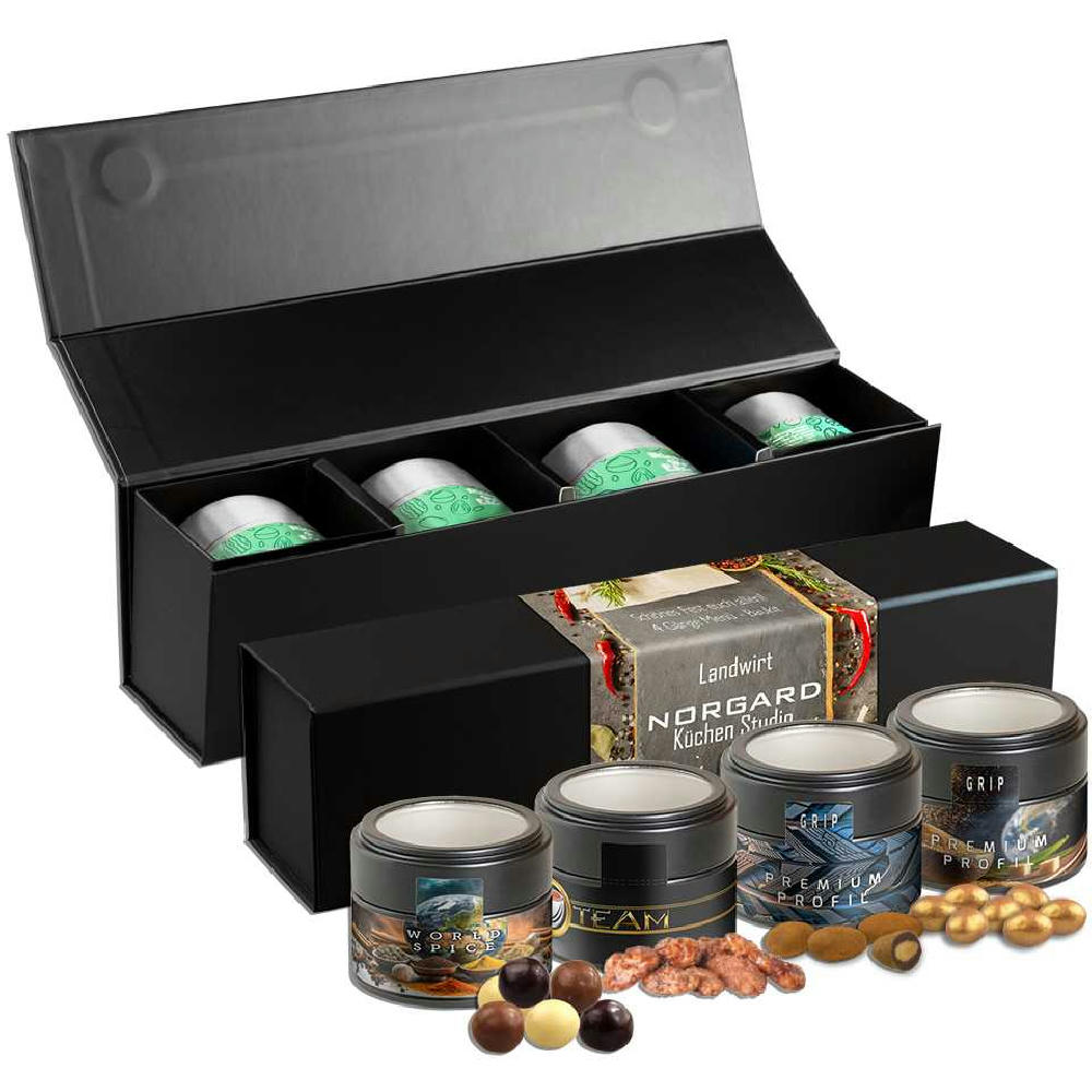 Knusper Weihnachts-Geschenkset Premium, ca. 225g, Geschenk-Set Premium schwarz mit Magnetverschluss und 4 Metalldosen Mini mit Sichtfenster Werbeartikel