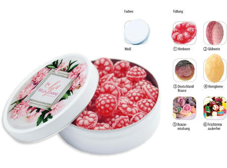 Runddose 99, weiß 120 g, Inhalt: Glühwein Bonbons (ohne Alkohol) Werbeartikel