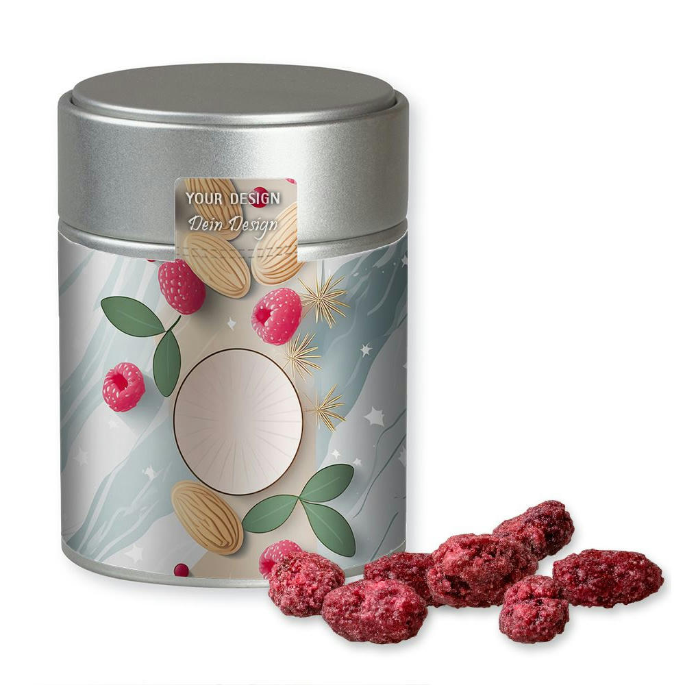 Gebrannte Mandeln Himbeere, ca. 100g, Metalldose Midi silber Werbeartikel