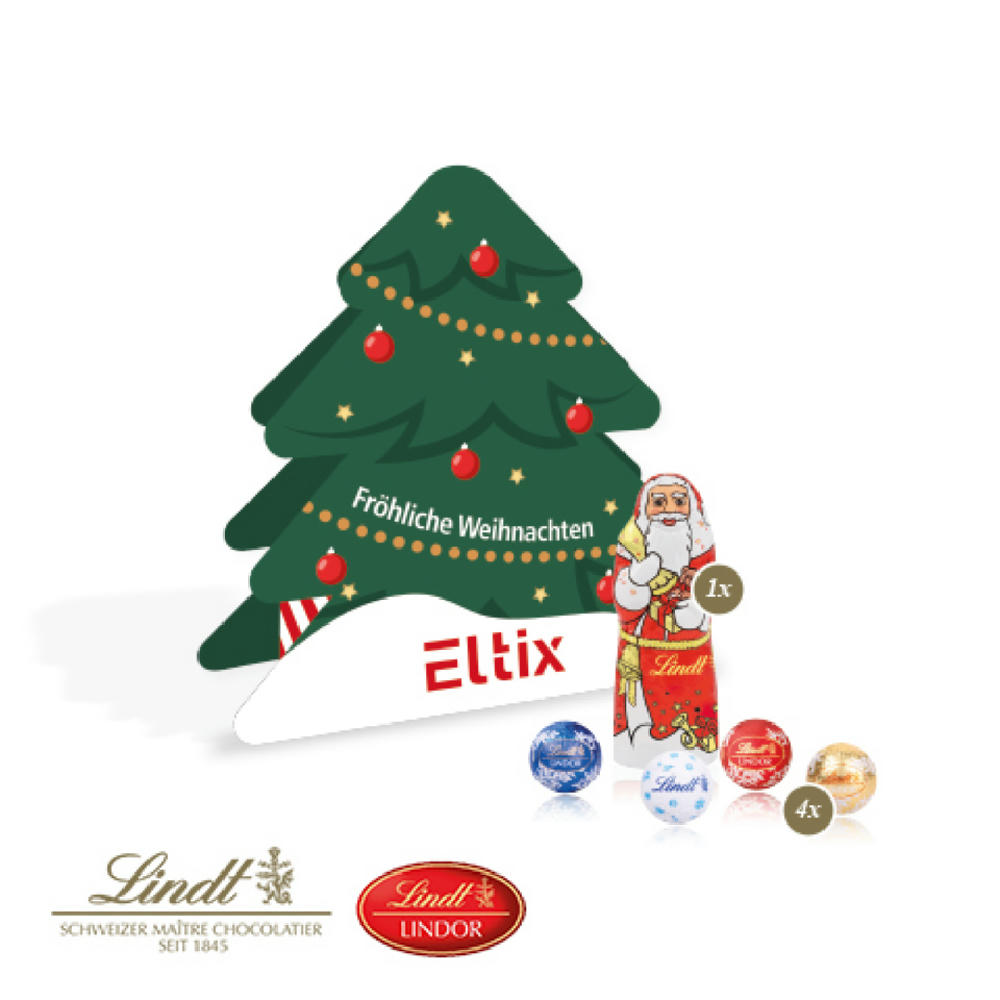 Präsent Tannenbaum in Christbaum-Form individuell bedruckt mit Firmenlogo, gefüllt mit Lindt Schoko-Weihnachtsmann und 4 Lindt Lindor Minis