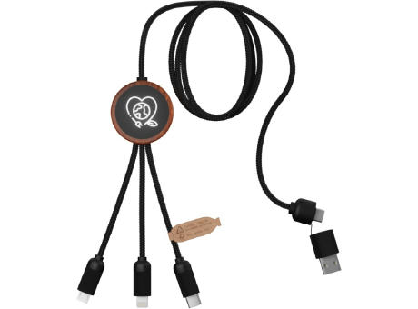 SCX.design C37 40W 5-in-1 rPET Ladekabel in rundem Bambusgehäuse mit Leuchtlogo bedrucken